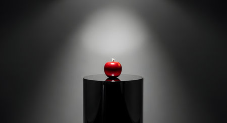 A minimalist and conceptual image of a single,perfect red apple with a lit candle wick on top,placed on a shiny black pedestal. The object is spotlit against a dark,gradient background,symbolizing ideas like knowledge,temptation,or a bright idea.の素材