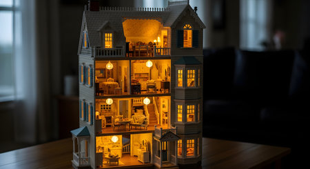 A large, detailed, multi-story Victorian dollhouse with a cutaway view, sitting on a table in a dark room. The interior rooms are fully furnished and illuminated with warm lights, showing intricate, tiny furniture.の素材