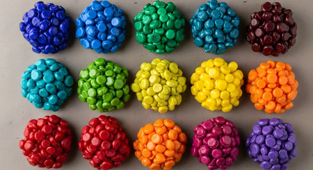 A top-down flat lay of fifteen colorful clusters made of small, round, coated candies. The clusters are arranged in a neat grid of three rows and five columns, featuring vibrant colors like blue, green, yellow, orange, red, and purple.の素材