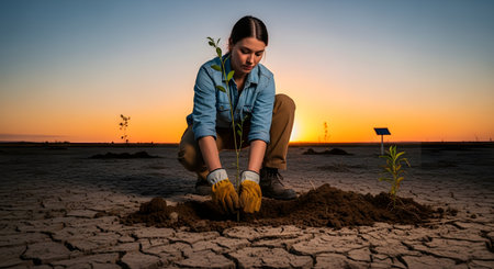 A woman wearing gloves kneels to plant a small green sapling in dry, cracked earth during a vibrant sunset. The scene symbolizes hope, reforestation, and the fight against climate change, drought, and desertification.の素材