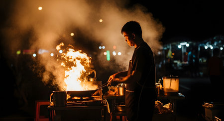 A silhouette of an Asian street food chef is dramatically lit by a large burst of flames from his wok as he cooks at a night market. The intense heat, steam, and dark background with bokeh lights create an authentic and dynamic culinary scene.の素材