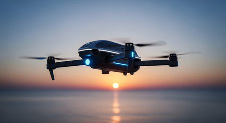 A sleek, modern drone with glowing blue LED lights hovers in the air over a calm sea during a stunning sunset. The image evokes concepts of advanced technology, aerial surveillance, and futuristic transportation.の素材