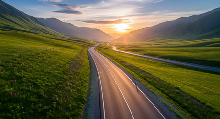A scenic aerial view of a winding asphalt road cutting through a lush green valley surrounded by rolling hills at sunset. The sun's rays create a beautiful flare over the mountains in the distance, symbolizing a journey, freedom, and travel.の素材