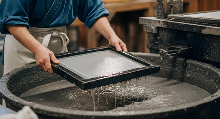 An artisan performs the traditional craft of papermaking,carefully lifting a screen frame from a large vat of pulp slurry. Water drips from the newly formed sheet of paper,showcasing a meticulous,hands-on process in a workshop setting.の素材