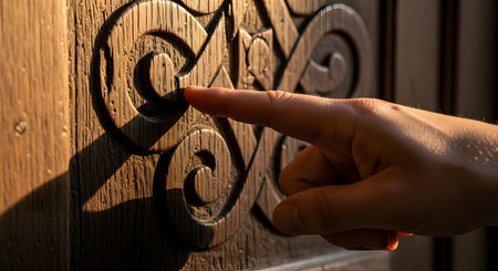A person's finger gently traces the intricate, swirling pattern carved into an old wooden door. Warm sunlight casts a strong shadow, highlighting the deep texture and craftsmanship of the woodwork.の素材