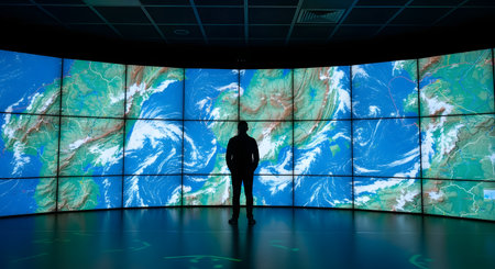 A silhouette of a person standing in a dark control room, observing a massive, curved video wall displaying complex weather patterns and satellite imagery of the earth. This image conveys themes of data analysis, meteorology, global monitoring, technology, and surveillance.の素材
