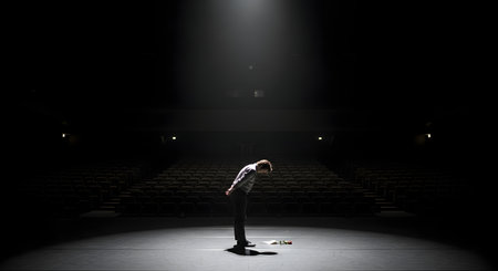 A lone performer takes a final bow on a dark stage, illuminated by a single spotlight, in front of an empty theater. A single rose lies at his feet, conveying concepts of performance, solitude, artistry, and the conclusion of a show.の素材