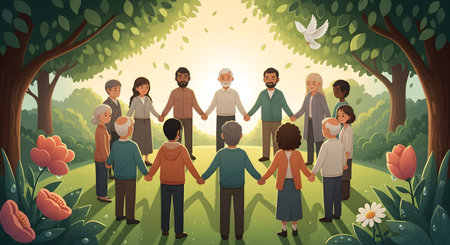 A diverse group of people of all ages and ethnicities holding hands in a circle in a beautiful, green park, looking towards the center. A white dove flies overhead, symbolizing unity, community, peace, and togetherness.の素材