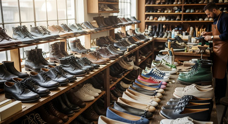The interior of a traditional shoemaker's workshop or a shoe store, with numerous shelves filled with various styles of footwear, including leather boots, dress shoes, and sneakers. In the background, a cobbler in an apron is working at his bench.の素材