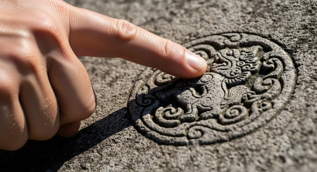 A close-up macro shot of a person's finger touching a weathered, ancient stone carving. The carving is a circular medallion depicting a mythical creature, possibly an Asian lion or dragon, symbolizing history, archaeology, and a connection to the past.の素材