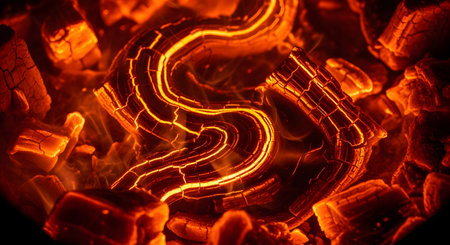 An extreme close-up, macro shot of burning charcoal embers. The embers are glowing a fiery orange and red, with visible cracks and heat radiating, creating an intense, hot, abstract texture.の素材