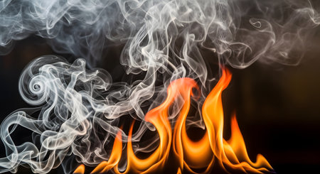 A dramatic and abstract image of bright orange flames and thick, swirling white smoke against a solid black background. The contrast between fire and smoke creates a dynamic visual representing concepts like danger, passion, energy, and combustion.の素材