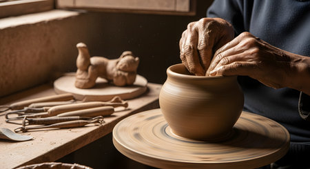 A close-up shot of a potter's weathered hands skillfully shaping a wet clay pot on a spinning potter's wheel. In the blurred background of the workshop, sculpting tools and another clay figure are visible, capturing the art of handmade ceramics.の素材