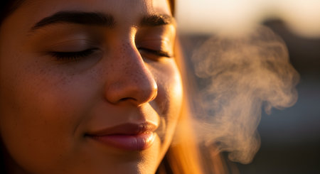 A close-up of a serene woman with her eyes closed, peacefully exhaling in the cold air. Her warm breath is visible as steam, beautifully illuminated by the golden light of sunset, symbolizing relaxation, mindfulness, and the simple act of breathing.の素材