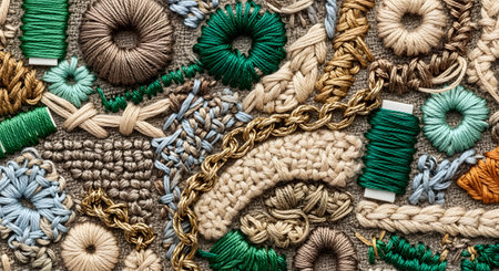 A flat lay, textured background of various embroidery, crochet, and knitting samples. The image includes different stitches in green, brown, and blue yarn, along with spools of thread and a gold-colored chain.の素材