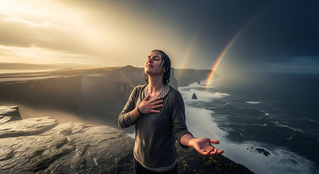 A woman stands on the edge of a dramatic seaside cliff with her eyes closed, hand on her chest, and arm outstretched in the rain. A bright double rainbow appears in the stormy sky as sunlight breaks through, evoking a powerful feeling of spiritual release, freedom, and connection with nature.の素材