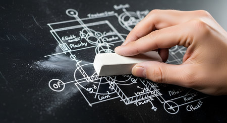 A hand uses an eraser to wipe away part of a complex technical drawing or blueprint sketched with chalk on a blackboard. This action symbolizes correcting mistakes, revision, the design process, learning, and second chances.の素材