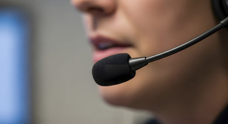 A macro, close-up shot focuses on the microphone of a headset worn by a person, likely a call center agent or customer service representative. The image captures the mouth of the speaker, representing communication, support, telemarketing, and corporate helpdesks.の素材