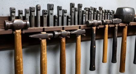 A collection of various hammers and metal letter/number stamps are neatly organized on a wooden rack in a workshop. The well-used tools suggest a blacksmith, metalworker, or leatherworker's craft space.の素材