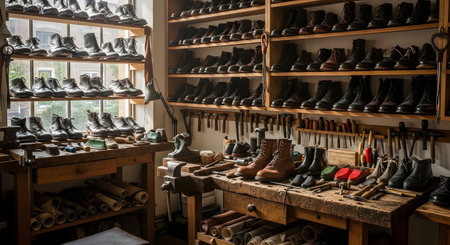 A traditional, old-fashioned cobbler's workshop. The room is filled with shelves of leather boots, wooden workbenches, and a variety of shoemaking tools, with light coming from a large window.の素材