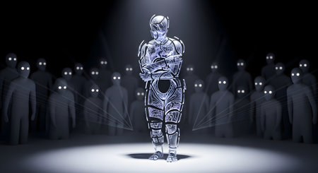 A futuristic concept image of a glowing, advanced android or robot standing with arms crossed under a spotlight. Behind it, a large, dark crowd of identical, faceless humanoid figures with glowing eyes stares forward. The scene conveys themes of individuality, artificial intelligence, conformity, and leadership.の素材