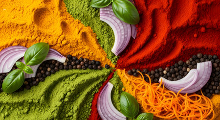 A vibrant and colorful top-down view of various spices and fresh herbs arranged in an artistic circular pattern. Swirls of ground turmeric, paprika, and green powder are complemented by slices of red onion, fresh basil leaves, and whole peppercorns.の素材