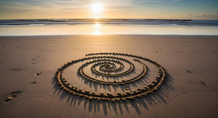 A large, intricate spiral pattern is drawn into the wet sand of a tranquil beach during a beautiful sunset. The low sun on the horizon casts long shadows from the raised edges of the sand art, with gentle waves in the background. The image represents concepts of zen, infinity, meditation, and the transient beauty of nature.の素材