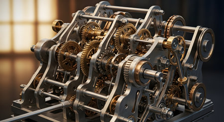A close-up of an intricate and complex mechanical device, featuring numerous brass and steel gears, cogs, and shafts. The machine has a steampunk aesthetic and demonstrates precision engineering. This image symbolizes mechanics, engineering, technology, complexity, and industry.の素材