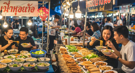 A vibrant Thai night market scene with people happily eating street food at a stall. Various local dishes, including noodles and skewers, are displayed, and the bustling atmosphere is illuminated by overhead lights.の素材