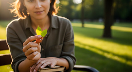 A woman sits on a park bench during the golden hour, gently holding a small green leaf between her fingers. The warm sunlight illuminates the leaf and her hands, creating a serene mood and conveying concepts of nature, environment, and mindfulness.の素材