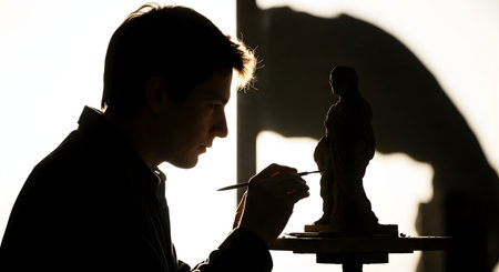 A silhouette of a young male sculptor, backlit by a bright light, intensely focused on his work. He is using a small tool to add fine details to a small clay statue of a person. The dramatic lighting highlights his concentration and the artistic process.の素材