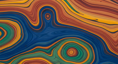 An abstract background of swirling, marbled paint in vibrant earth tones. Wavy lines of blue, brown, yellow, and green flow together, creating an organic, topographic, or agate-like pattern.の素材