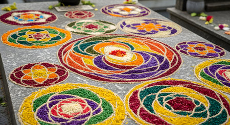 A collection of colorful and intricate Kolam or Rangoli designs created with dyed rice or flower petals on a stone surface. The vibrant circular patterns are part of a traditional celebration or ritual, showcasing detailed artistry and cultural expression. This image represents festivals, tradition, and creative decoration.の素材