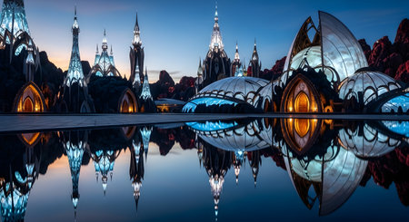 A breathtaking panoramic view of a magical, futuristic city with glowing, elegant architecture reminiscent of elven design. The fantastical buildings and towers are perfectly reflected in the calm water in the foreground during a beautiful twilight.の素材
