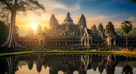 A wide-angle shot of the iconic Angkor Wat temple complex in Cambodia, bathed in the golden light of sunrise. The ancient stone temple and its towers are perfectly reflected in the still water of the pond in the foreground. This image is a famous travel landmark representing history and architecture.の素材