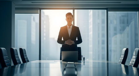 A confident and professional business person in a suit stands at the head of a long, reflective conference table in a modern boardroom. A laptop is open on the table, and large windows reveal a bright city skyline in the background. The image conveys leadership, corporate success, and professionalism.の素材