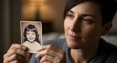 A woman with short hair looks fondly at an old, black-and-white photograph of herself as a young, smiling child. The image evokes feelings of nostalgia, memory, reflection on the past, and the passage of time.の素材