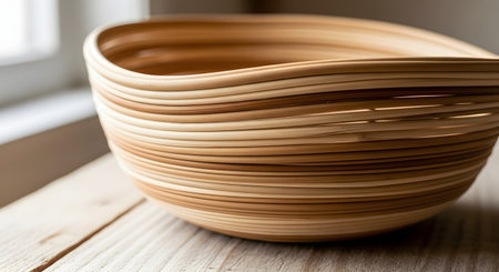 A beautifully handcrafted bowl made from thin, laminated layers of bent wood sits on a rustic wooden table. The elegant, curved lines and natural wood grain are highlighted by soft light from a nearby window. This image represents fine craftsmanship, woodworking, natural materials, and minimalist design.の素材