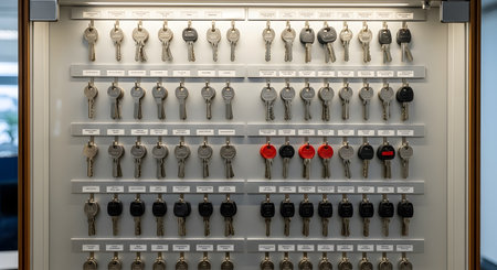 A wall-mounted key cabinet with numerous keys hanging in organized rows on hooks. Each hook is labeled, and several keys are tagged with red or black covers for identification. This image represents security, organization, access, and management.の素材