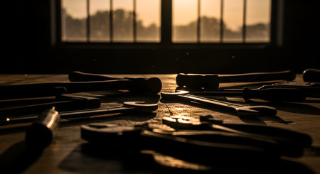 A silhouette of various hand tools, such as hammers, wrenches, and screwdrivers, scattered on a wooden workbench. The tools are backlit by the warm, golden light of a sunset or sunrise streaming through a large window in the background. The scene has a moody, rustic, and industrious feel.の素材