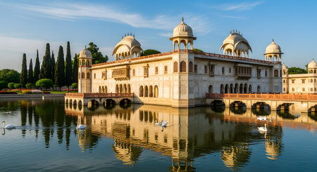 A beautiful Indian palace, Deeg Palace in Rajasthan, made of light-colored stone, reflecting perfectly in the calm water in front of it. Several white swans swim in the lake, and lush gardens with cypress trees are visible. The sky is clear blue.の素材