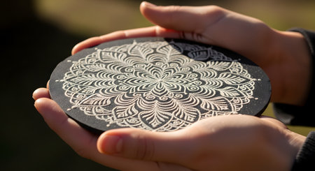 A pair of hands gently holds a circular black disc featuring a beautifully intricate, hand-drawn white mandala pattern. The detailed line work creates a mesmerizing spiritual symbol. This image represents creativity, mindfulness, meditation, and spiritual art.の素材