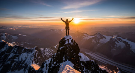 A triumphant climber stands on a sharp, snowy mountain peak with arms raised in victory at a spectacular sunrise. The silhouette of the mountaineer is set against a golden sky, overlooking a vast landscape of snow-covered mountains and glaciers.の素材