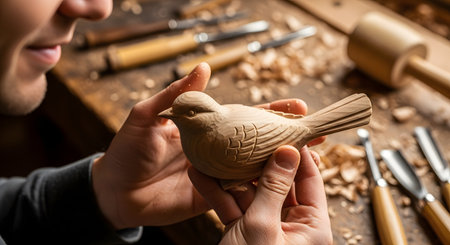 A close-up of a smiling woodcarver's hands gently holding a beautifully crafted, unpainted wooden bird. The workbench in the background is covered with wood shavings and various carving tools, showing the artist's pride in their craft.の素材