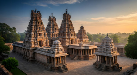 A stunning view of an ancient Hindu temple complex in India, likely Tamil Nadu, at sunrise. The intricate Dravidian architecture features multiple gopurams (towers) carved from stone, set against a soft, misty morning sky.の素材