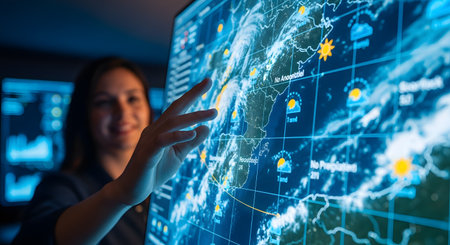 A smiling woman, slightly out of focus, interacts with a large, digital touchscreen. Her hand is in sharp focus, pointing at a glowing blue weather map that shows storm systems and various data. This image represents meteorology, technology, data analysis, and forecasting.の素材
