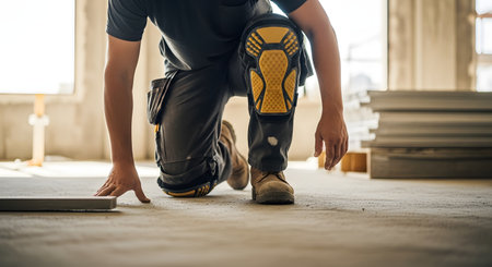 A low-angle, close-up shot of a construction worker kneeling on a dusty concrete floor inside a building under construction. The worker is wearing durable work pants, boots, and protective yellow and black knee pads. The image focuses on the worker's lower body, emphasizing the tough, manual labor of the job.の素材