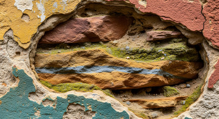 An abstract close-up of a crumbling, multi-colored plaster wall with a hole revealing the underlying structure of rock, earth, and moss. The layers of peeling paint and natural elements create a rich, grunge texture symbolizing decay and time.の素材