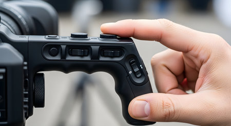 A close-up shot of a cameraman's hand holding the grip of a professional video camera and adjusting the controls with their thumb. The image highlights the detailed operation and technology involved in professional filmmaking and broadcasting.の素材