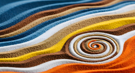 A close-up of an intricate sand art creation featuring wavy layers of colorful sand in shades of blue, brown, yellow, and orange. A prominent spiral in the foreground adds to the abstract, zen-like composition representing harmony and meditation.の素材